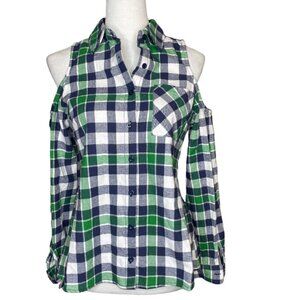 Chocolate USA Women's Plaid Button Up Cold Shoulder Collared Top Blouse Sz Small